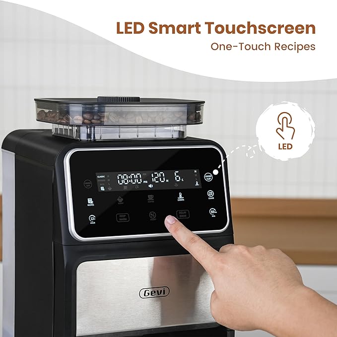 Gevi 10 Cup Drip Coffee Maker with Built-in Grinder, Grind ๏ผ Brew Burr Combo Coffee Machine with Touch Screen, Programmable, 4-Hour Warm Plate, Permanent Filter, Coffee Carafe