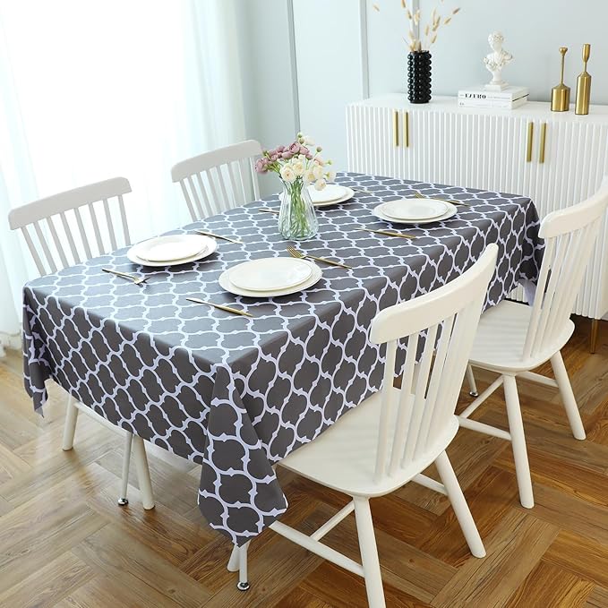 Romanstile Rectangle Plastic Tablecloth, 100% Waterproof Oil-Proof Checkered PVC Table Cloth, Heavy Duty Vinyl Table Cover for Dining, Camping, Picnic, Outdoor - 54 x 120 Inch, Moroco Grey