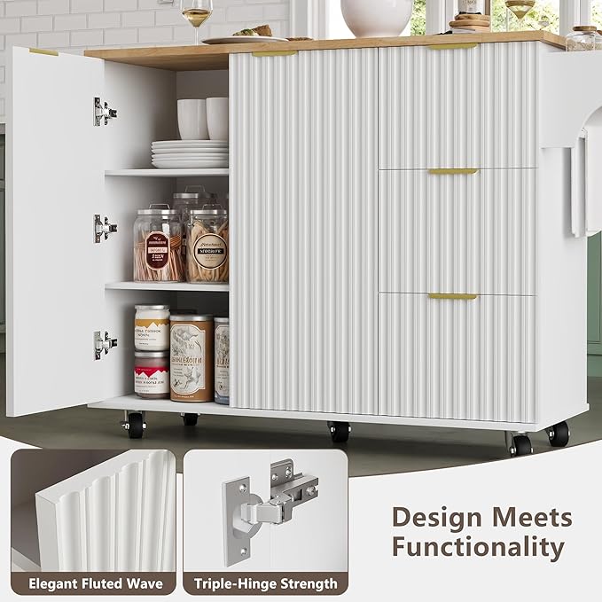 win2win Rolling Kitchen Island with Storage, Portable Kitchen Island with Drop Leaf Breakfast Bar, Modern Farmhouse Kitchen Cart on Wheels with Fluted Design, Towel Rack, Spice Rack, White