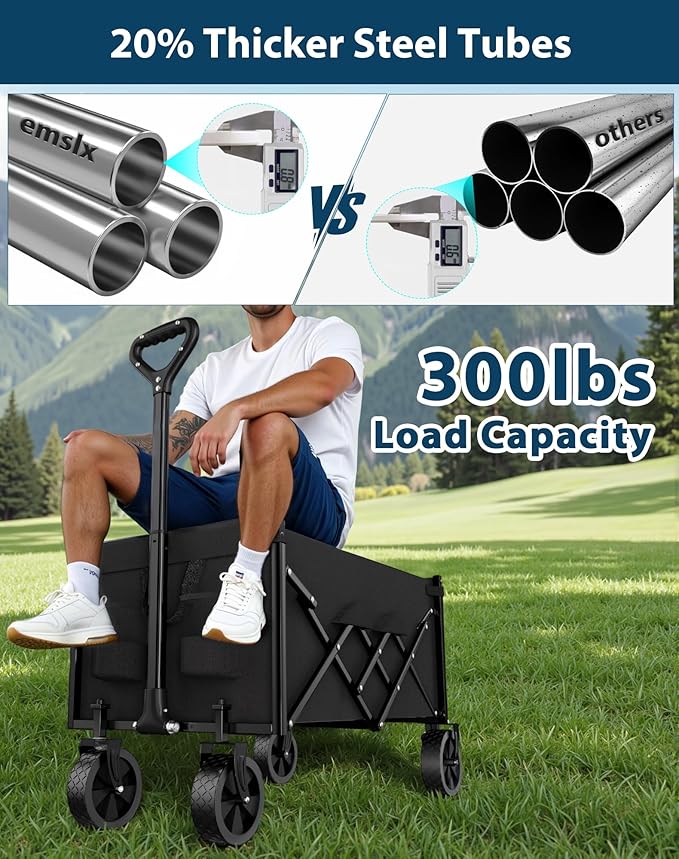 Lightweight Folding Wagon, Large Capacity Collapsible Grocery Cart on Big Wheels, Heavy Duty Foldable Shopping Carts, All-Terrain Outdoor Utility Carts for Camping, Sports, Garden, Beach, 3.5 Cu Ft