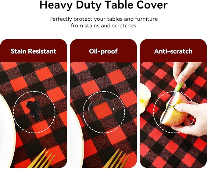 Romanstile Rectangle Vinyl PVC Tablecloth, 100% Waterproof Buffalo Plaid Plastic Table Cloth, Oil Proof Heavy Duty Wipeable Table Covers for Dining/Camping/Picnic/Outdoor - 52 x 70, Black and Red