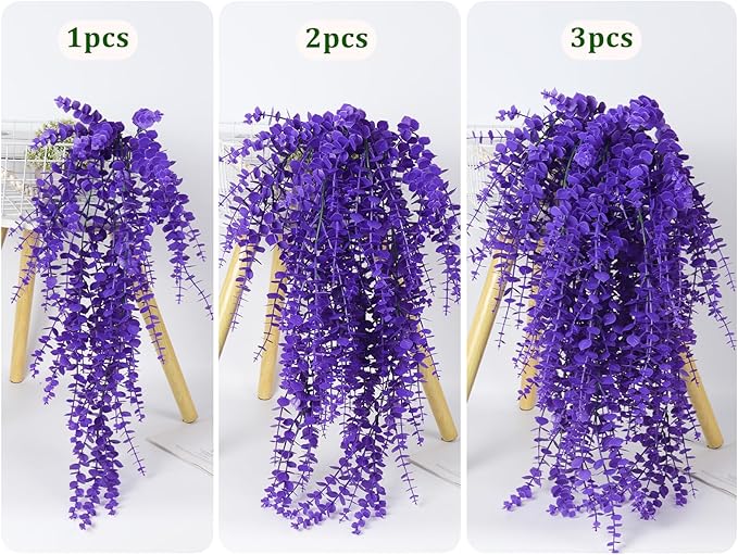 RECUTMS Artificial Hanging Plants Fake Plants Greenery Vines Aritificial Plants Eucalyptus Purple Leaves Hanging Vines Plant Colorful Outdoor Faux Vines Wall Decoration(Pure Purple)