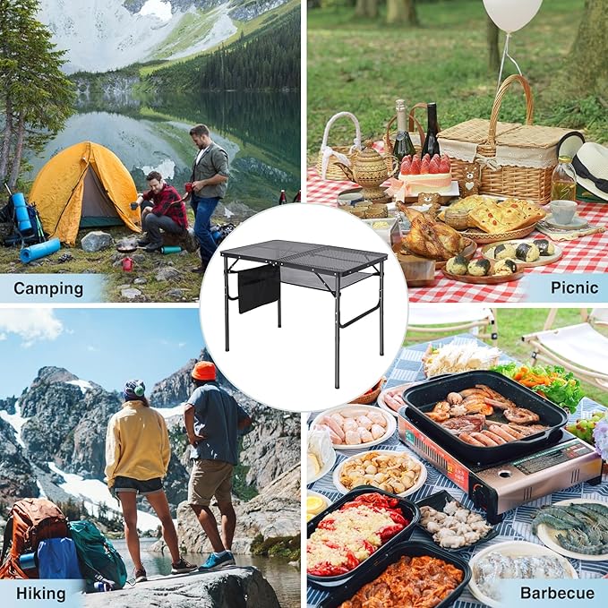 RedSwing Folding Grill Table,Aluminum Portable Grill Stand Table for Outdoor Camping Picnic BBQ Lightweight, Adjustable Height, 36''x24''x16/28'', Black