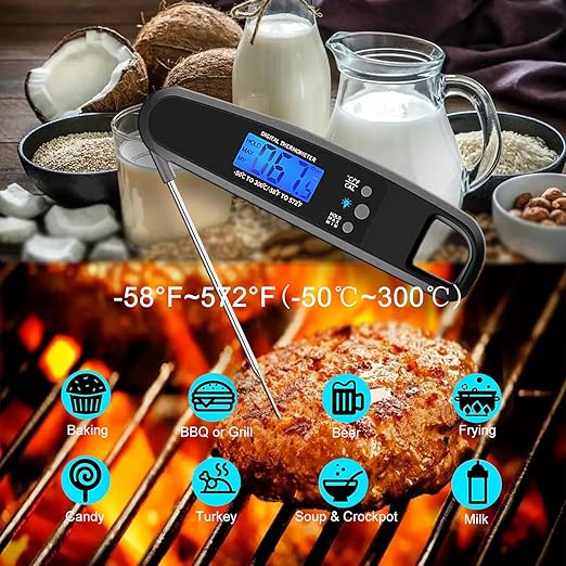Instant Read Meat Thermometer for Kitchen Cooking, Ultra Fast Precise Waterproof Digital Food Thermometer with Backlight, Magnet and Foldable Probe for Deep Fry, Outdoor BBQ, Grill(Black)