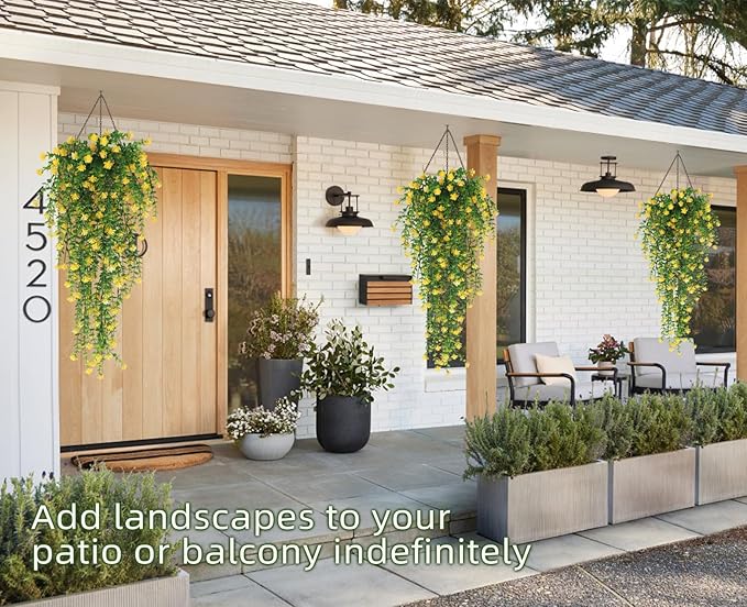 RECUTMS Outdoor Fake Hanging Plants,Hanging Plant Vine,Faux Eucalyptus Leafs Greenery Vine Plant Faux Plants Fake Plants Greenery for Jungle Theme Party Wedding Decoration(Yellow)