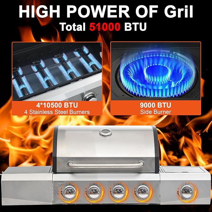 4-Burner BBQ Propane Gas Grill with Side Burner, 51,000 BTU Stainless Steel Patio Barbecue Grill with Waterproof Cover, Pull Out Grease Tray, For Camping, Outdoor Cooking (Style3)