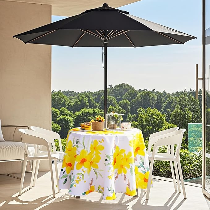 SquarePie Round Outdoor Talecloth, 60'' Waterproof Spill Proof Patio Table Cloth Cover with Umbrella Hole and Zipper for Spring Summer Party Picnic,Yellow Flower