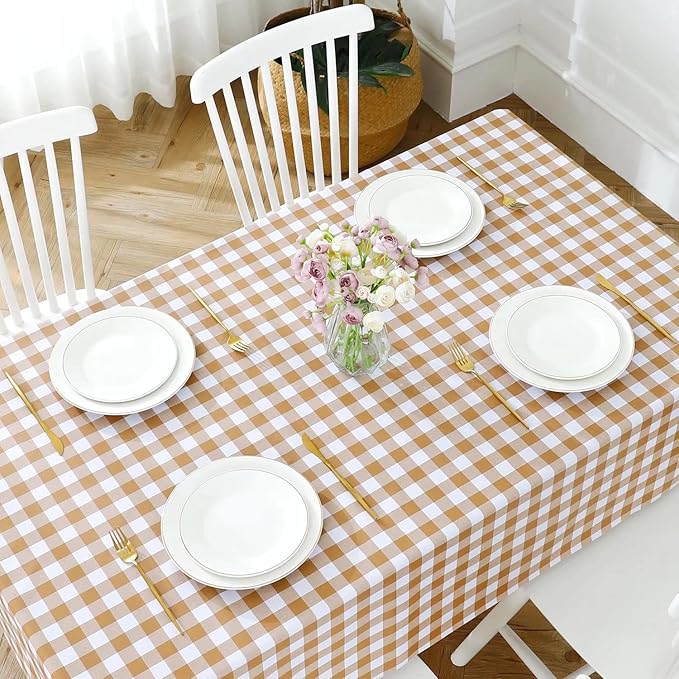 Romanstile Square Vinyl PVC Tablecloth, 100% Waterproof Buffalo Plaid Plastic Table Cloth, Oil Proof Heavy Duty Wipeable Table Covers for Dining/Camping/Picnic/Outdoor - 54 x 54, Coffee and White