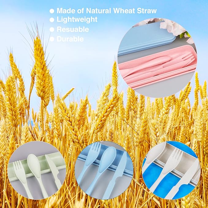 Reusable Travel Utensils Set with Case, Pink Wheat Straw Portable Knife Fork Spoons Tableware, Eco-Friendly BPA Free Cutlery for Kids and Adults as Travel Picnic Camping Utensils
