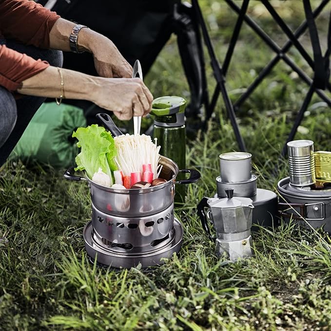 Camping Stove With Pot 18cm Stainless Steel Alcohol Stove Portable Camp Oven Cookware Set for Indoor Outdoor Camping Hiking Backpacking Picnic, No Electricity Required Adjustable Fire (1-3 people)