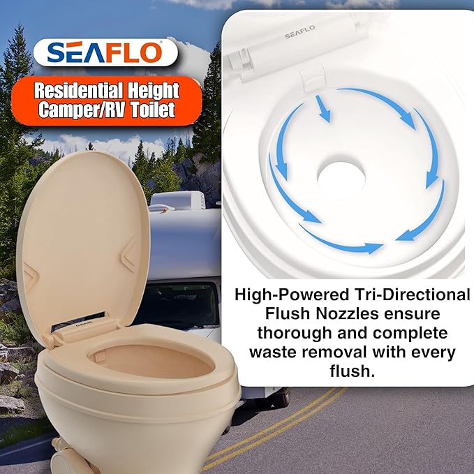 SEAFLO Residential Height Camper/RV Toilet, 18.5” Standard Height, Gravity Flush System, Foot Pedal Operation, Soft Close Seat, Easy-to-Clean Oversized Bowl, 4-Year Warranty (Bone Color)