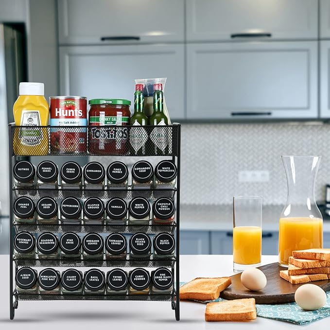 Spice Rack Organizer with 28 Spice Jars, Black Lids,Spice Labels, Chalk pen and Funnel Set for Cabinet, Countertop, Pantry, Cupboard or Wall Mount
