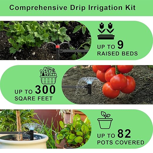 247FT Drip Irrigation Kit โ 2025 New Quick-Connect Micro Irrigation System with 1/4'' 1/2'' Tubing, Locking Nozzle Emitters, Adjustable Misting Sprayers for Gardens, Lawns,Raised Beds and Greenhouses
