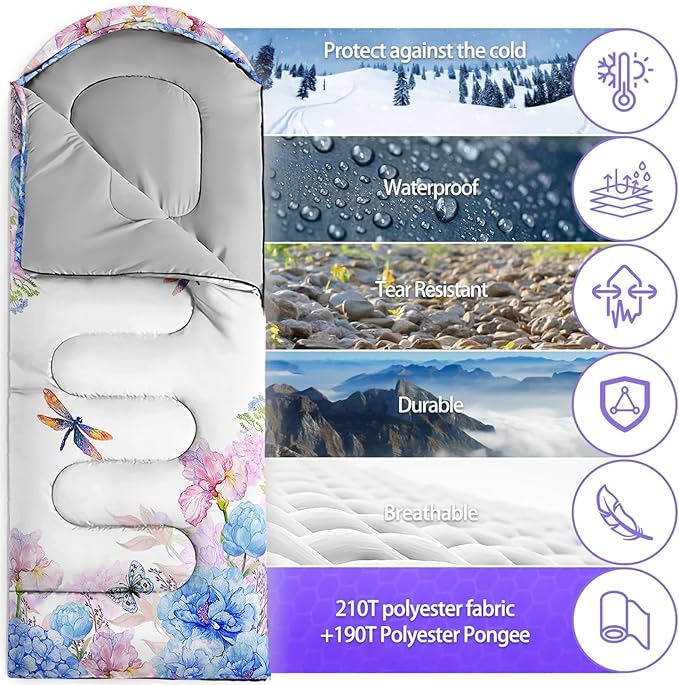 Sleeping Bags for Adults and Kids,3D Printing Camping Sleeping Bag for Girls Boys Lightweight Waterproof Cold/Warm 3-Season,Outdoor Travel with Compression Bags