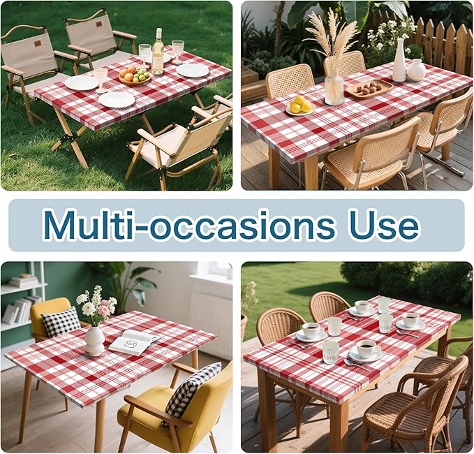 Red Picnic Table Cover with Bench Covers, 3 Pcs Waterproof Elastic Picnic Table Cover Outdoor Camping Essentials, Windproof Fitted Tablecloth for Camping, Indoor, Outdoor (Plaid, 72X30 Inch)