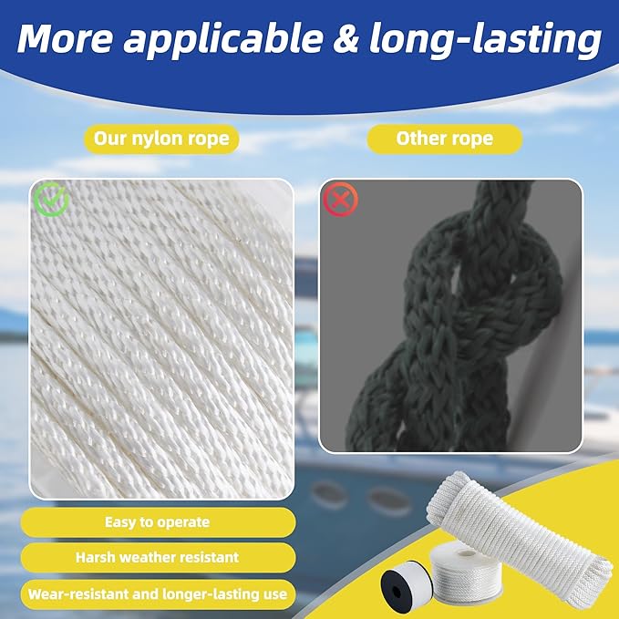 White Nylon Rope 1/4inch 100ft Braided Multi-Purpose Ropes for Outdoor&Indoor Heavy Duty for Camping, Boat, Garden, Clothesline, Marine, Soft & Flexible, High Tensile Strength