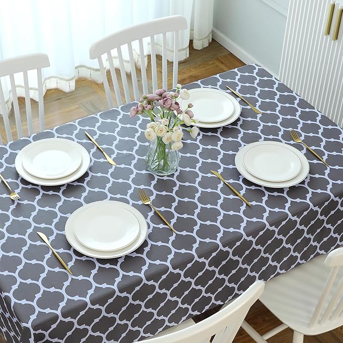Romanstile Rectangle Plastic Tablecloth, 100% Waterproof Oil-Proof Checkered PVC Table Cloth, Heavy Duty Vinyl Table Cover for Dining, Camping, Picnic, Outdoor - 54 x 120 Inch, Moroco Grey