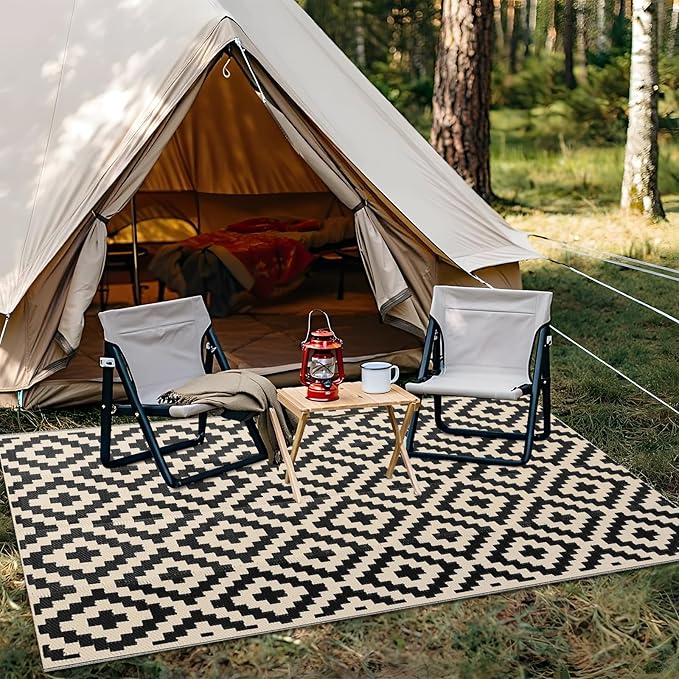 OLANLY Waterproof Outdoor Rug 5x8 ft, Outdoor Plastic Straw Rug for Camping, RV Mat Outside, Outdoor Carpet for Porch, Deck, Backyard, Balcony, Picnic, Black & Beige