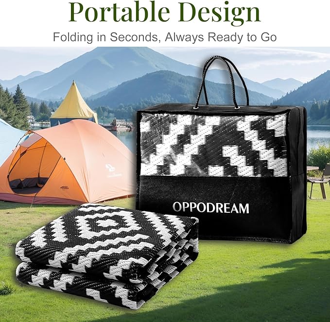 OPPODREAM Outdoor Rug 5x8 Ft, Waterproof Outdoor Plastic Straw Rug for Patio, Reversible Out Door Carpet for Camping, Deck, Rv, 5 x 8 Area Carpet for Balcony, Porch, Backyard, Black and White