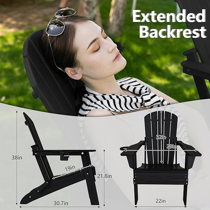 Folding Adirondack Chair Set of 4, Cup Holder,Wooden Textured ,Heavy All-Weather HDPE Comfortable Set Poolside Backyard Lawn Black