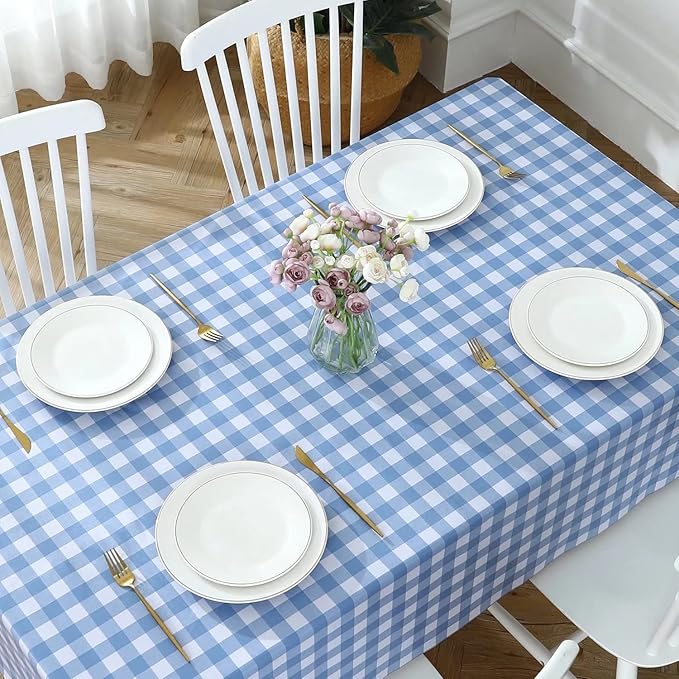 Romanstile Square Vinyl PVC Tablecloth, 100% Waterproof Buffalo Plaid Plastic Table Cloth, Oil Proof Heavy Duty Wipeable Table Covers for Dining/Camping/Picnic/Outdoor - 54 x 54, Light Blue