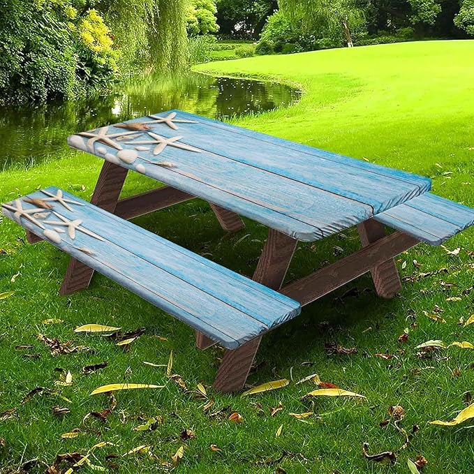 CAPSCEOLL Picnic Table Cover with Bench Covers 8Ft Waterproof Camping Tablecloth Sea Shells Outdoor Table Protector with Drawstring Bag for Camping Essentials, 96X30In, Summer Blue Wood
