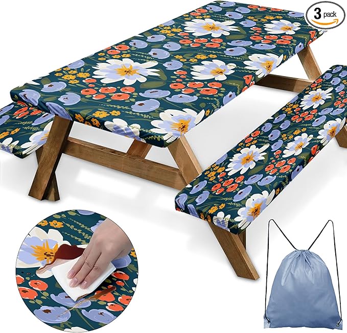 Picnic Table Cover with Bench Covers Elastic Edges, Floral Fitted Table Cover, Outdoor Patio Camping Essentials 72 Inch 3PCS, Waterproof Camping Fitted Tablecloth with Drawstring Bag