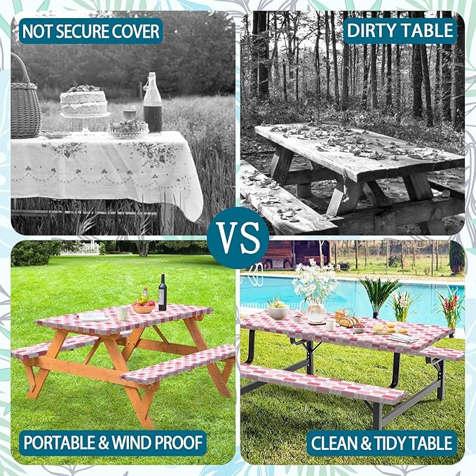 Picnic Table Cover with Bench Covers, Checkered Bownot Elastic Edges Waterproof Windproof Camping Essentials, Camping Fitted Tablecloth with Drawstring Bag, 96in, Pink White