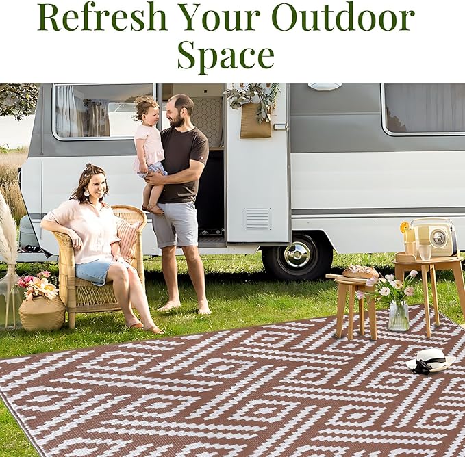 OPPODREAM Outdoor Rug 8x10 Patio Waterproof, Large Outdoor Plastic Straw Rug, Reversible Out Door Carpet for Camping, Deck, Rv, 8 x 10 Area Carpet for Balcony, Porch, Backyard, White and Brown