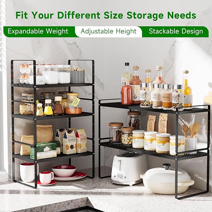Expandable Kitchen Cabinet Shelf Organizer Rack Heavy Duty Metal Spice Rack Stackable Kitchen Counter Storage Shelf for Kitchen Cabinet Pantry Bathroom (Black - 16.5"-27" L x 10.2" W x 9.6" H - 2Pack)