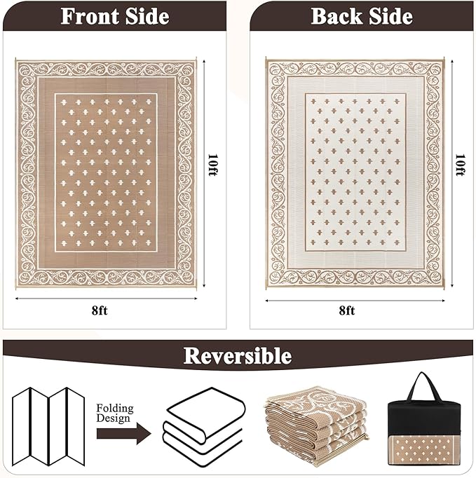 Pauwer Waterproof Outdoor Rug 8x10, Reversible Plastic Straw Patio Camping Rug, Indoor Outdoor RV Mat Carpet for Deck, Camper, Porch, Balcony, Backyard, Picnic, Bordered Beige