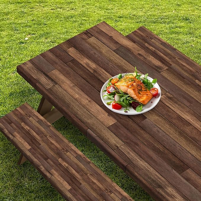 Picnic Table Cover with Bench Covers Elastic Edges, Brown Wood Fitted Table Cover, Outdoor Patio Camping Essentials 60 Inch 3PCS, Waterproof Camping Fitted Tablecloth with Drawstring Bag