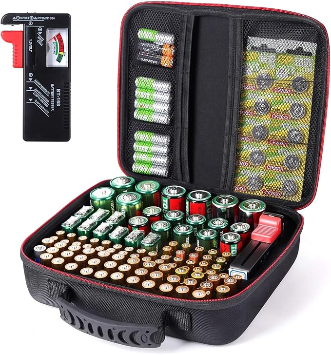 Battery Organizer Storage Case Box with Tester BT168 -for All Types Batteries Container, Fireproof & Waterproof Battery Keeper Caddy for Home Drawer, Small Cases Holder for AA AAA C D 9V (Holds 104+)