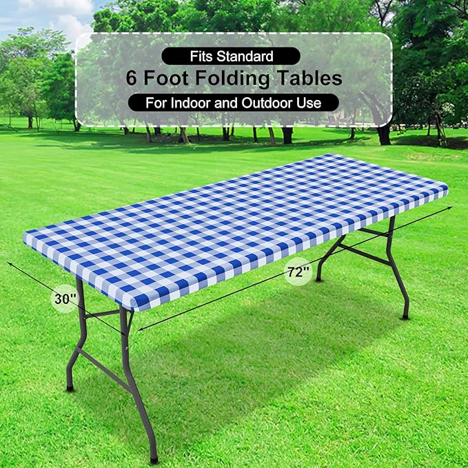 misaya Buffalo Rectangle Picnic Tablecloth, 6 Foot Elastic Fitted Vinyl Table Cloth with Flannel Backing, Waterproof Plaid Table Covers for Dining, Camping, Outdoor (Blue and White, 30" x 72")