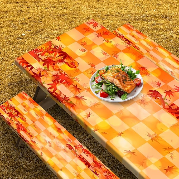 Picnic Table Cover with Bench Covers Elastic Edges, Fall Fitted Table Cover, Outdoor Patio Camping Essentials 72 Inch 3PCS, Waterproof Camping Fitted Tablecloth with Drawstring Bag