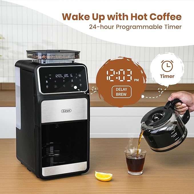 Gevi 10 Cup Drip Coffee Maker with Built-in Grinder, Grind ๏ผ Brew Burr Combo Coffee Machine with Touch Screen, Programmable, 4-Hour Warm Plate, Permanent Filter, Coffee Carafe