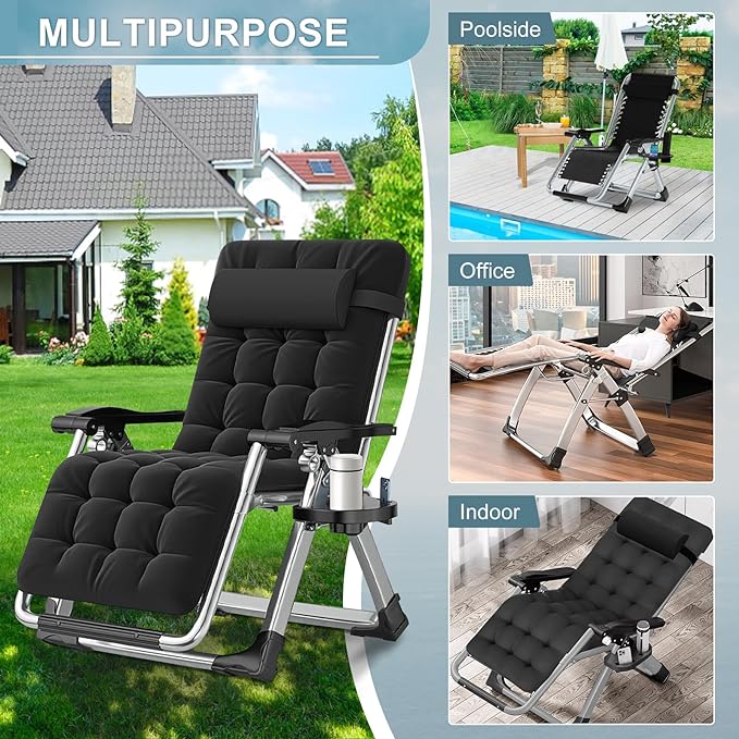 ABORON Zero Gravity Chair Set of 2, Outdoor Lounge Chairs Sun Loungers with Removable Cushion,Headrest,Cup Holder,Reclining Patio Lounger Chair for Indoor and Outdoor