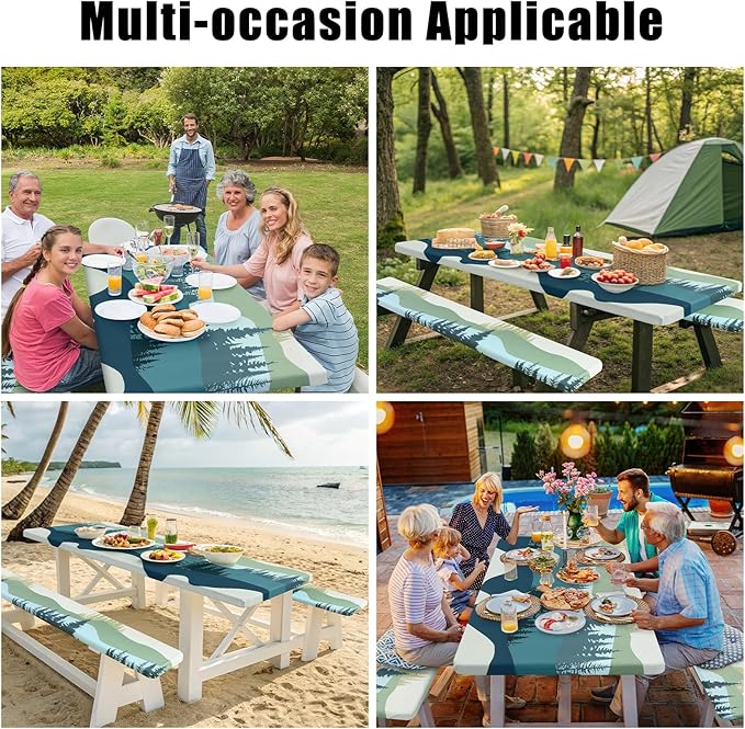 Smiry Picnic Table Cover with Bench Covers, Waterproof Elastic Fitted Tablecloth for 6 Foot Tables, Washable Polyester Tablecloths for Camping, Indoor & Outdoor (Green Blue, 30x72 Inch 3-pc Set)