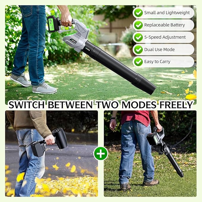 Electric Leaf Blower Cordless, 900,000 RPM, 2 x 4.0Ah Batteries & Charger, Handheld Leaf Blowers for Lawn Care, 5 Speed Mode, Portable Lightweight Grass Blower for Yard, Patio & Outdoor Use (Gray)