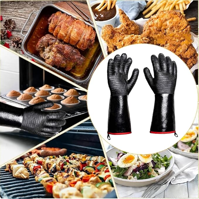 BBQ Gloves - 1472ยฐF Thicken Heat Resistant Gloves w/S-Hook 14 in Kitchen Oven Mitts Waterproof Grill Gloves Oil Resistant Grilling Gloves Cooking Gloves for Turkey Fryer/Baking/Oven/Smoker