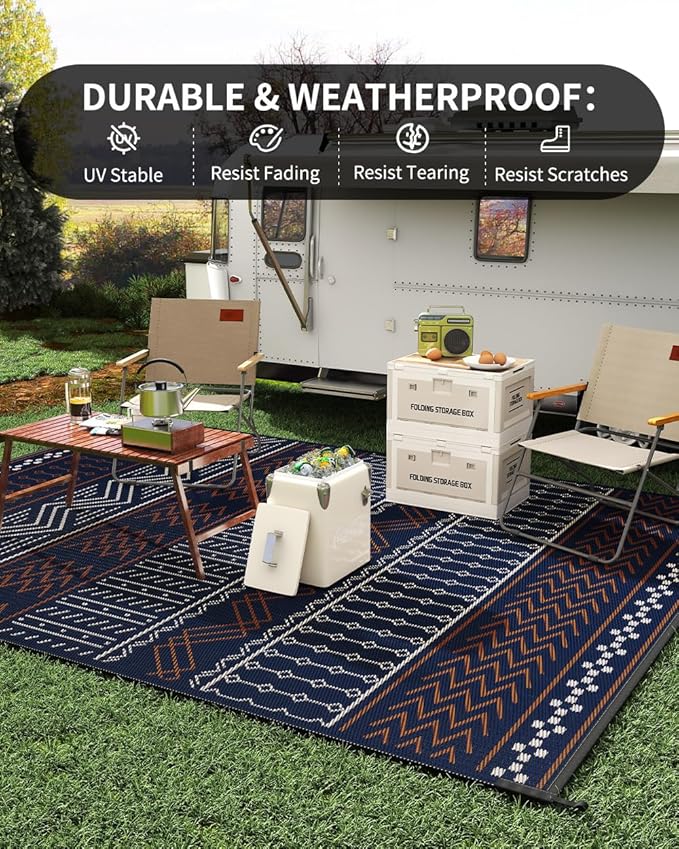 Outdoor Rug Carpet Waterproof 8x10 ft Patio Rug Mat Indoor Outdoor Area Rug for RV Camping Picnic Reversible Lightweight Plastic Straw Outside Rug for Patio Decor Decoration Boho Rug Navy Red