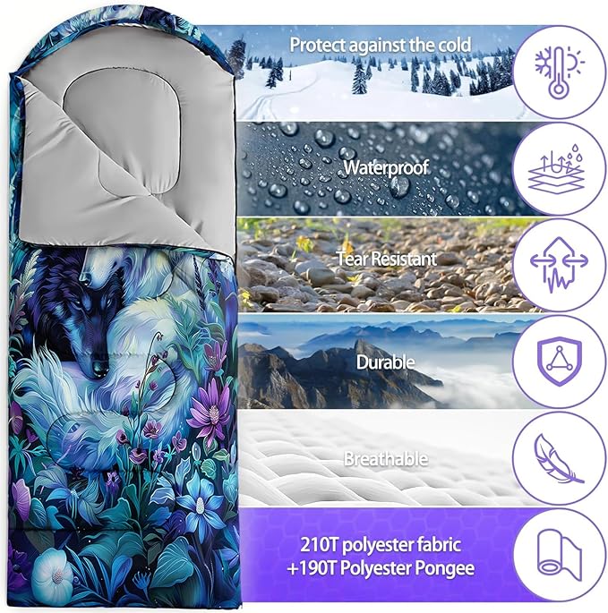 Sleeping Bags for Adults and Kids,3D Printing Camping Sleeping Bag for Girls Boys Lightweight Waterproof Cold/Warm 3-Season,Outdoor Travel with Compression Bags