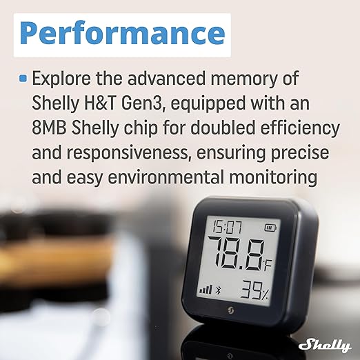 Shelly H&T Gen3 Black | Wi-Fi and Bluetooth Smart Temperature & Humidity Sensor with Remote App Control & Monitoring | Smart Scenes | Notification Alerts | LCD Display | Free Data Storage Export
