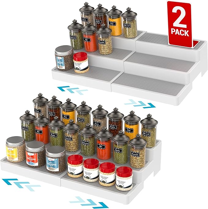 YAN & HIN Pack of 2, 3-Tier Spice Racks, Expandable and Non-Skid, Ideal as Medicine Cabinet Organizers, Kitchen Shelf Pantry Organizer, and Seasoning Organizer, Canned Food Organizer