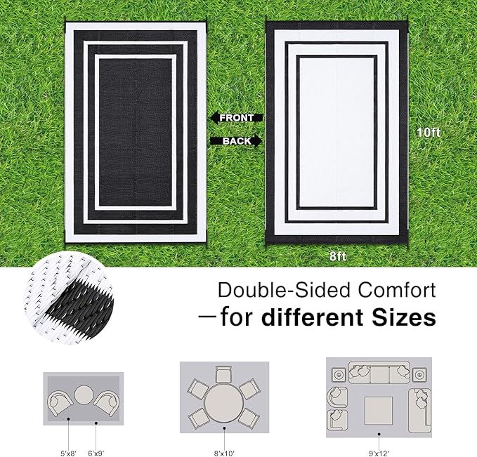 OLANLY Outdoor Rug 8x10 ft Waterproof, Reversible Outdoor Plastic Straw Rug, RV Mat, Indoor Outdoor Carpet Clearance for Patio, Camping, Balcony, Deck, Backyard, Black & White
