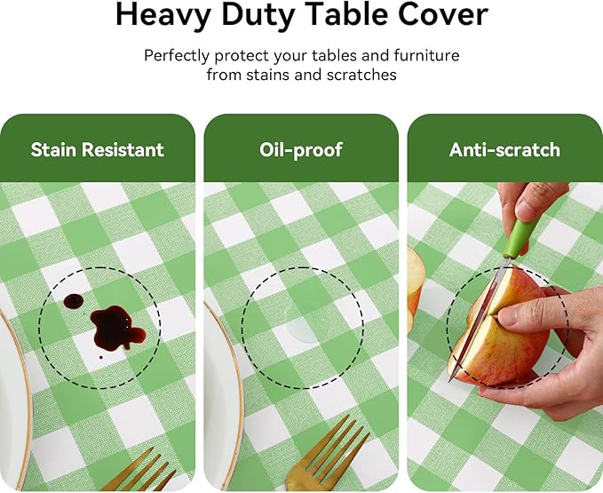 Romanstile Rectangle Vinyl PVC Tablecloth, 100% Waterproof Buffalo Plaid Plastic Table Cloth, Oil Proof Heavy Duty Wipeable Table Covers for Dining/Camping/Picnic/Outdoor - 54 x 108, Light Green