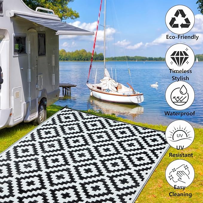 Plastic Straw Rug, Waterproof Outdoor Rug, Reversible Plastic Camping RV Rug, Large Floor Mat and Area Rug for Camping, Patio, Backyard, Deck, Picnic, Beach (S, 9 * 12)