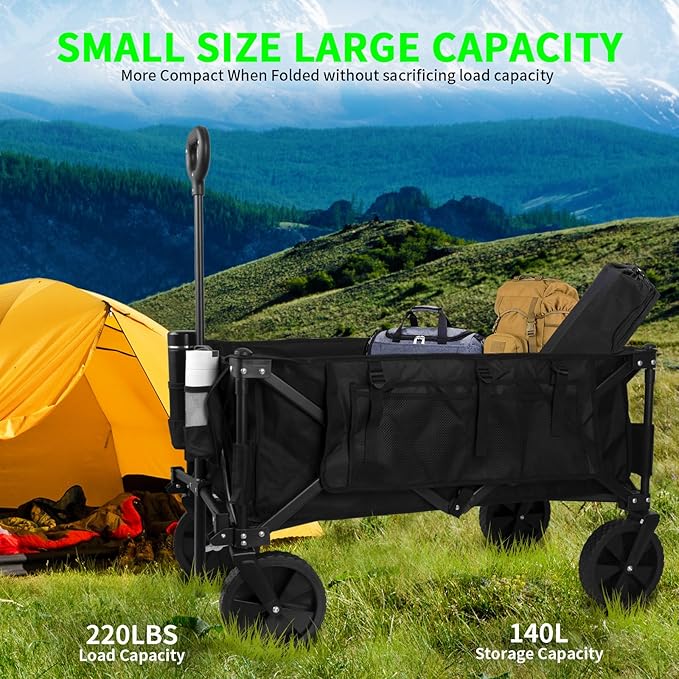 Collapsible Folding Wagon,Utility Beach Wagon Cart Heavy Duty Foldable with All-Terrain Wheels,Large Capacity Foldable Grocery Wagon for Garden Sports Outdoor Camping(Black)