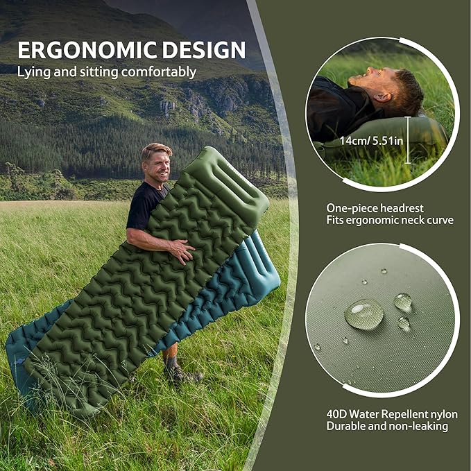 Naturehike Camping Sleeping Pad, Ultralight Inflatable Sleeping Mat with Pillow Built-in Foot Pump, 2.6 Inch Lightweight Air Mattress for Backpacking, Hiking, Traveling