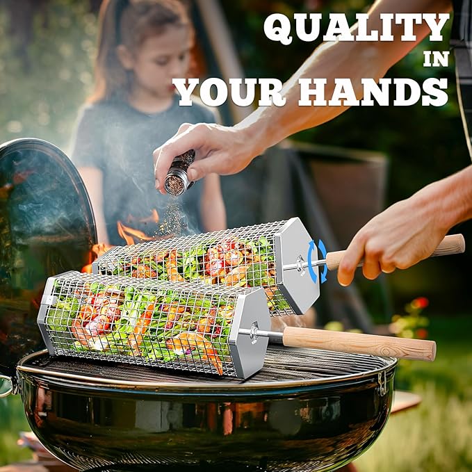 Rolling Grill Baskets (2PCS, Hexagon), Removable Wooden Handle, 304 Stainless Steel, Nesting Grilling Net, BBQ Accessories Tools for Vegetables Shrimp, Outdoor Cooking Camping, Birthday Gifts for Men Dad Husband
